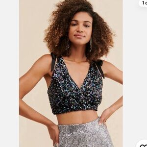 Free People Black Big Night Sequin Crop Tie Shoulder Top Size Small